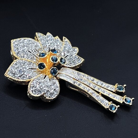 Vintage Flower Brooch Faux Blue Sapphire and Swarovski 18K Elec. Designer Signed - Picture 3 of 9